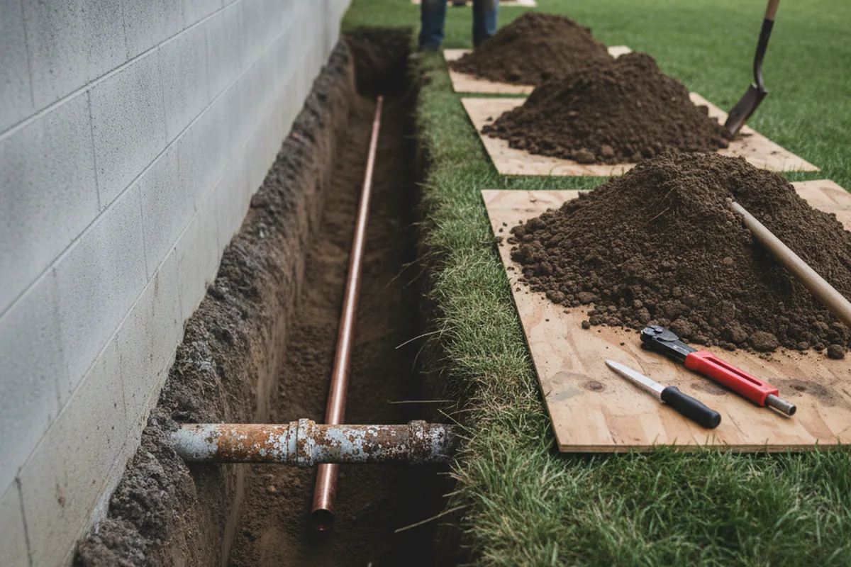 Excavated water line trench during Water Softener Installation in Allenspark